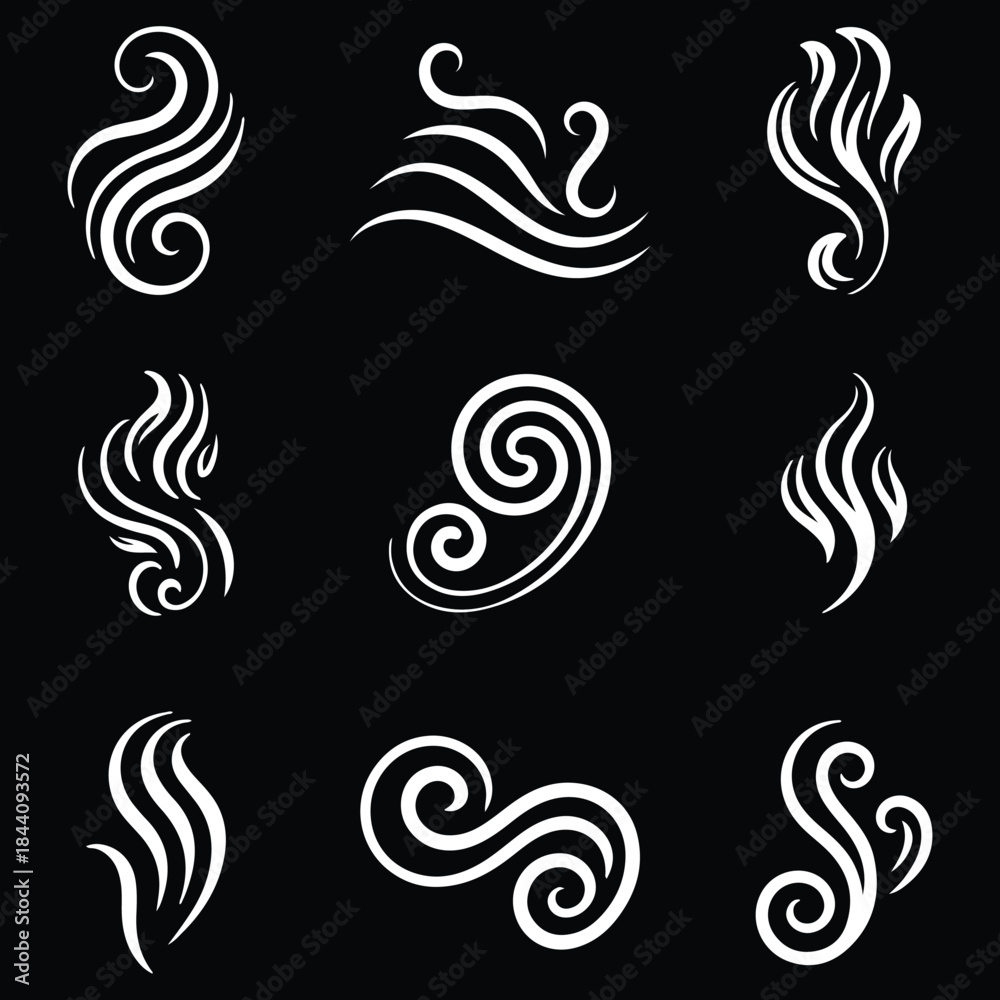 Fototapeta premium Collection of stylized smoke and steam icons. Hit stink, coffee, fragrance flame elements. Smoke smell, steam aroma heat symbol. Vector illustration.