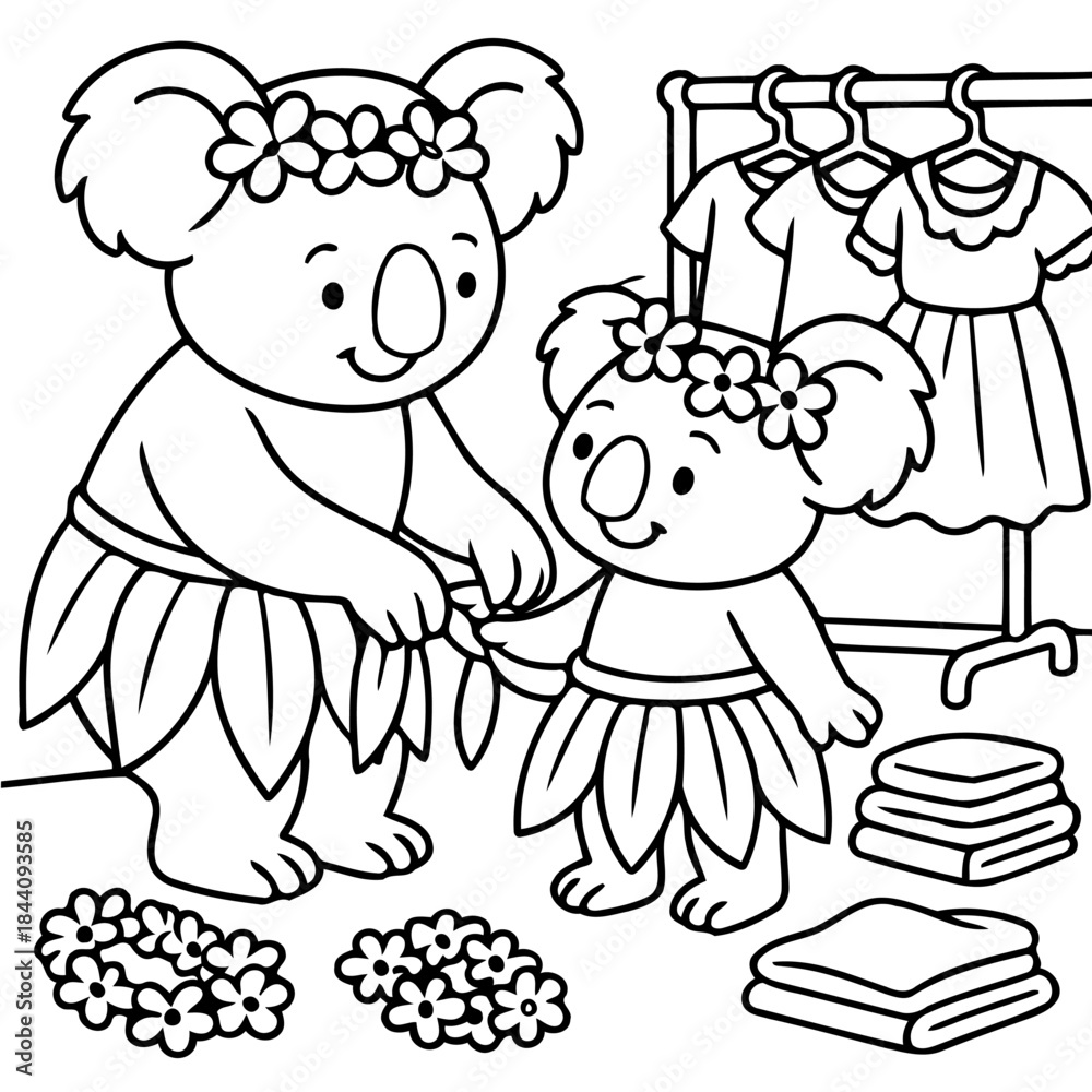 Obraz premium Koala bears in a shop: Two adorable koala bears adorned in floral garlands, preparing to explore a shop filled with clothing and linens, the scene is drawn with a playful and charming style.