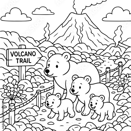 Volcano Trail: A family of bears embarks on the volcano trail, exploring the environment with their children. This engaging artwork showcases a cute bear family, a volcano and landscape