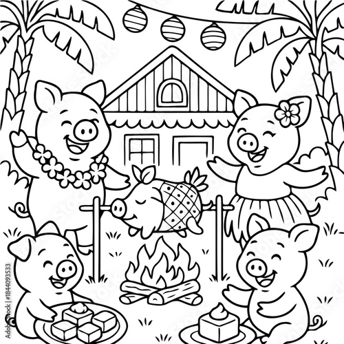 Island Fiesta: A jovial gathering of pigs celebrating with a feast on a tropical island. The scene captures the spirit of merriment, camaraderie, and culinary delights.