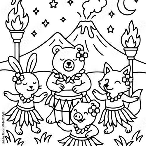 Island Hula: A whimsical scene unfolds as a gathering of cute animal friends joyfully dance the hula under a starlit, moonlit sky. The setting, evoking the spirit of island culture.