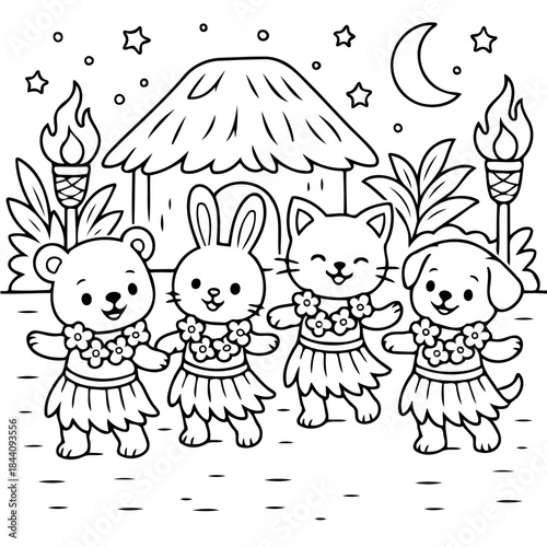 Hawaiian luau: Whimsical illustrations depict a joyful gathering of charming animals at a festive Hawaiian luau, showcasing delightful camaraderie and island life.