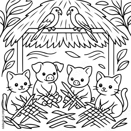 Animals' Friendship: A heart warming scene of friendship and collaboration, featuring two charming parrots perched above, overseeing a group of friendly kittens and pigs.