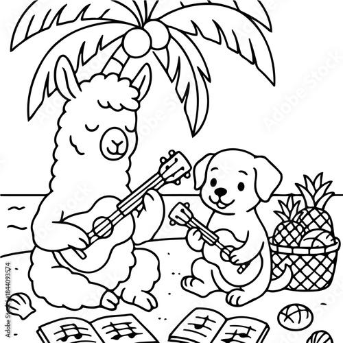 Ukulele Serenade: A cheerful llama and puppy strum ukuleles on a sunny beach, harmonizing melodies under the shade of a palm tree, joined by some pineapples, seashells, music sheets.