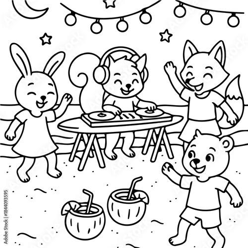 Celebration Under the Stars: Adorable woodland creatures are gathered to celebrate, they dance and enjoy beverages at a beachside party, under the soft glow of the moon and stars.