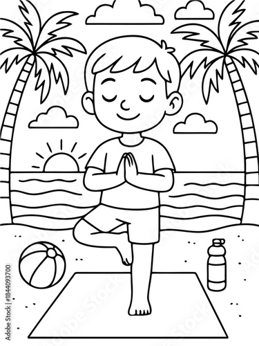 Meditation at Sunset: A tranquil scene of a young person practicing yoga on a beach with the setting sun and palm trees creating a serene and reflective atmosphere.