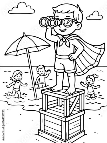Beach Observer: a young lifeguard stands tall atop a lifeguard stand, his gaze fixed through binoculars. surrounded by other kids in swim suits.