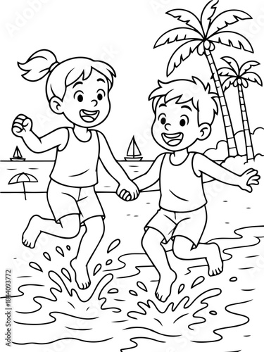 Joyful Beach Run: A pair of young children, hand-in-hand, frolic with unrestrained joy as they leap through the waves, evoking a sense of innocent carefree fun at the beach.