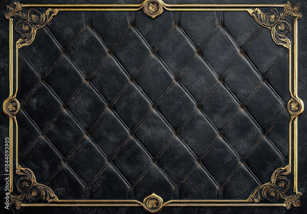 Fototapeta premium black tufted leather background with diamond quilting and buttons framed by ornate antique gold decorative border, evoking luxurious elegant and opulent mood