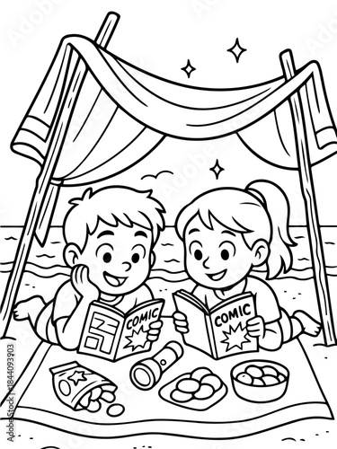 Beach Reading Adventure: Two children share a joyful moment, immersed in stories beneath a shaded beach canopy, surrounded by snacks and the soothing sounds of the sea.
