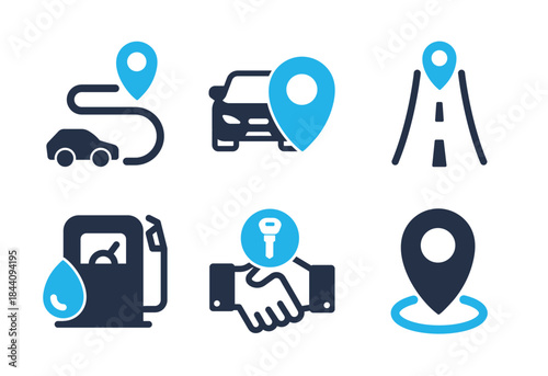 Automotive Location and Transaction icon set. Solid glyph series icons