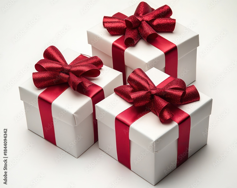 Fototapeta premium Three white gift boxes with red satin ribbons and glittery bows arranged together on a clean white background, evoking festive joy and celebration