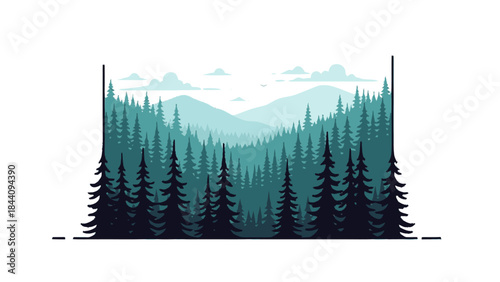 Majestic Evergreen Forest Landscape With Layered Mountains.