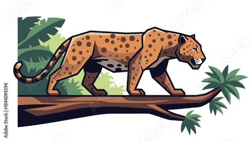 Majestic Jaguar Prowling on a Tree Branch in Lush Jungle.