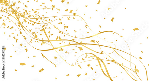 Golden confetti burst background, festive streamers swirl, glitter celebration decor, white backdrop sparkle, joyful party mood, elegant festive design