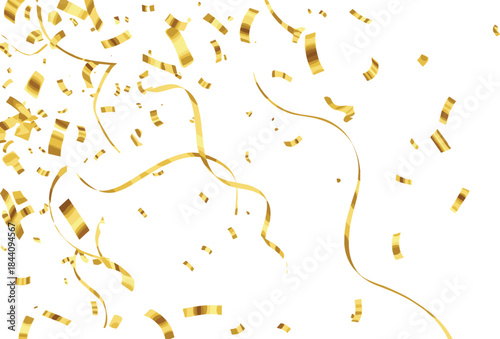 Golden ribbons confetti background, festive swirl motion, glitter celebration decor, white backdrop sparkle, joyful party mood, elegant festive design