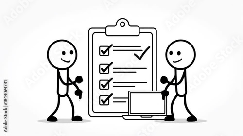 Two Stick Figures Cheerfuly Checking Off Tasks On A Clipboard Beside A Laptop Computer In A White Background With Simple Black And White Cartoon Style And