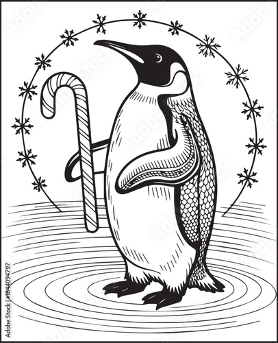 Christmas coloring page for adults, Beautiful penguin wearing christmas costume black outline vector illustration elements for holiday activities, crafts and book design