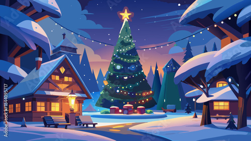 Winter village with christmas tree