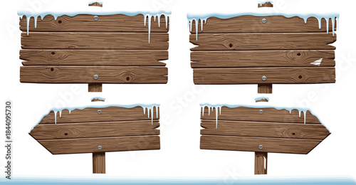 Wooden winter signboard set, snow and icicle detail, rustic signage design, holiday outdoor decor, blank directional signs, seasonal graphic