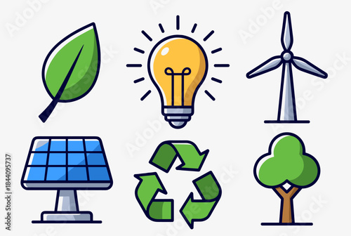 Collection of environmental sustainability icons featuring renewable energy sources and eco-friendly symbols.