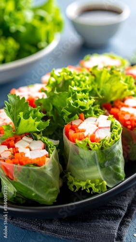 Fresh spring rolls filled with colorful vegetables on a dark plate, artistic light