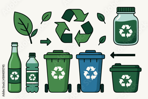 Illustration of the recycling process with various items like bottles, bins, and leaves, emphasizing environmental conservation.