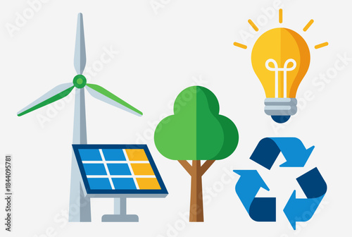 Icons representing renewable energy sources, environmental conservation, and sustainability concepts.