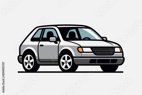 A simple, clean illustration of a grey two-door hatchback car, depicted from a side-front angle on a plain white background.