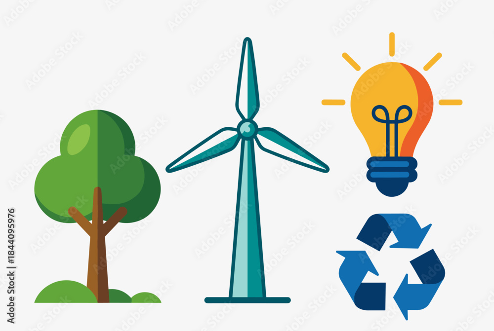 Fototapeta premium Icons representing environmental sustainability, renewable energy, and recycling concepts.