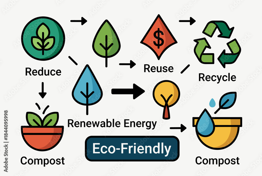 Obraz premium An eco-friendly diagram illustrating sustainable practices like reduce, reuse, recycle, compost, and renewable energy with various green icons.