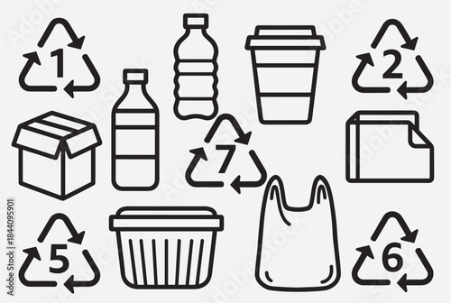 Illustrative set of plastic items and numbered recycling symbols for environmental awareness and waste management.