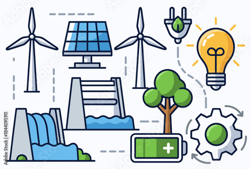 A collection of icons representing various renewable energy sources and sustainable technology for environmental conservation.