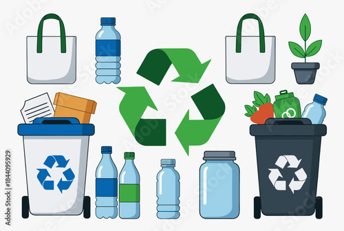 Illustration of recycling bins, plastic bottles, reusable bags, and a plant, promoting environmental conservation and waste management.