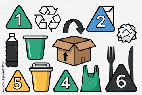 Collection of recycling symbols and various recyclable waste items for environmental protection.