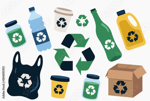 A collection of common recyclable items including bottles, jars, cups, a plastic bag, and a cardboard box, all featuring the universal recycling symbol.