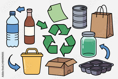 An illustration showing various common household items suitable for recycling, including plastic, glass, paper, and metal, with a central recycling symbol and arrows.
