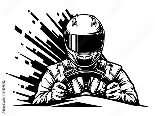 Black and white illustration of a race car driver in a helmet and racing suit, holding a steering wheel with a dynamic background.