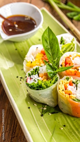 Fresh spring rolls on a green plate with a bowl of dipping sauce