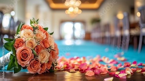 Elegant wedding bouquet of peach and orange roses with scattered petals in a blurred event hall