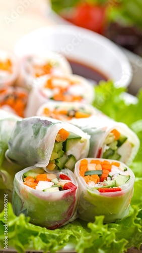 Fresh spring rolls on crisp lettuce, sauce dip in the background
