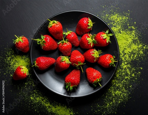 Fresh strawberries are artistically arranged on a black plate, green powder scattered around