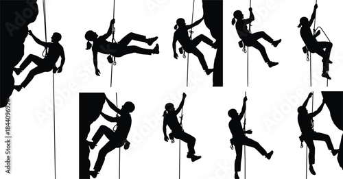 Set of Vector Silhouettes of Climbers Rappelling Down a Vertical Cliff Face: Athletes Using Ropes and Safety Harnesses for Mountaineering, Adventure, and Extreme Sports.