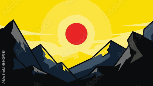 Stylized Red Sun Rising Over Jagged Mountain Peaks.
