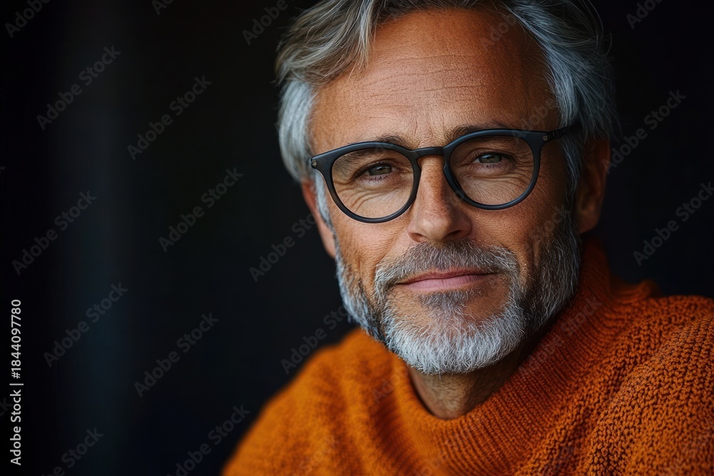 Obraz premium Portrait of a middle-aged man with gray hair and beard wearing glasses and an orange sweater against a dark background with a calm and thoughtful expression