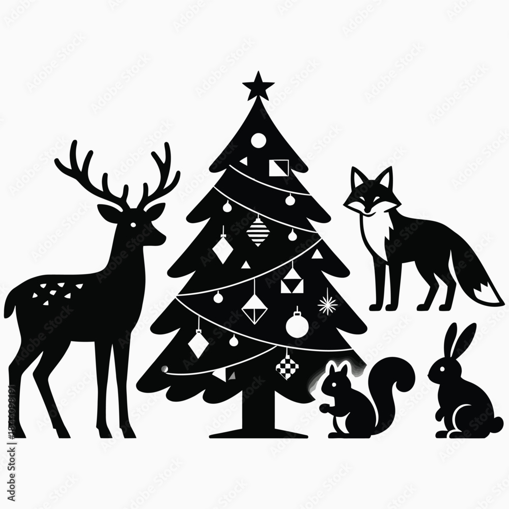 Fototapeta premium Enchanted Winter Forest Scene: Silhouetted Deer, Fox, Squirrel, and Rabbit Gather Around a Decorated Christmas Tree Under Starry Sky