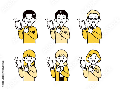 スマートフォンの画面を指差す、いろいろな年齢のの男女の上半身ベクターイラスト素材セット