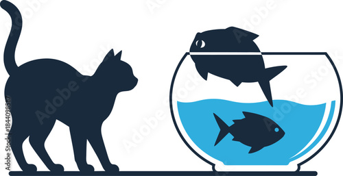 Curious black cat stalking silhouetted fish in a round aquarium with blue water and ripples isolated on white background