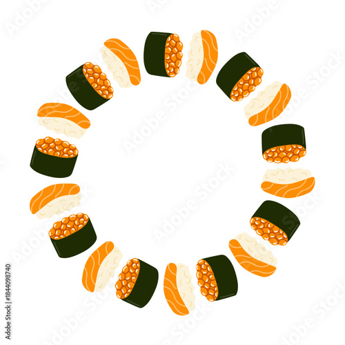 Sushi arranged in a circular pattern showcasing various types and flavors for a festive dining experience