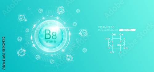 Synthetic natural vitamin B8 in hexagonal dome blue. Surrounded by fruit, vegetable, syringe, pills and IV bag icons. Chemical structure of Inositol. Medical scientific concepts. Vector.